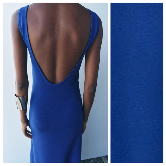 NWT. Zara Bluish Viscose Blend Knit Midi Dress with Open Back. Size M. - Picture 3 of 11